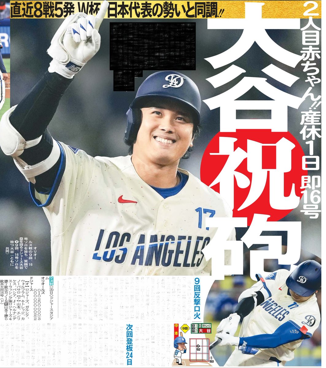本日22日の東京野球面11面はドジャース大谷翔平投手⚾️オリオールズ戦