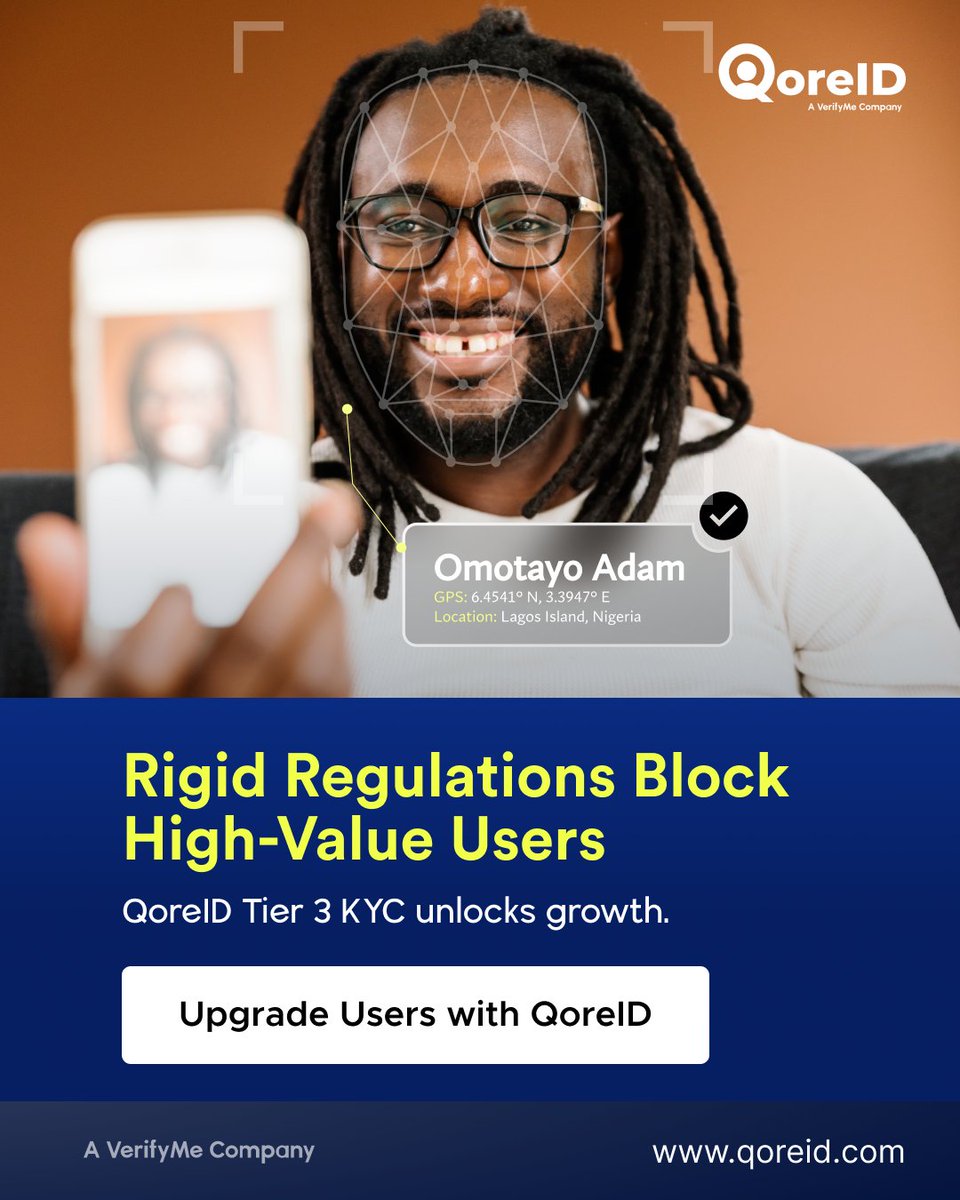 getqoreid's tweet photo. The right customers shouldn't be turned away by outdated verification processes.

QoreID Tier 3 KYC helps businesses meet regulatory requirements while giving verified users access to the services they deserve.

 #KYC #Compliance #QoreID https://t.co/9tO9akSmTP