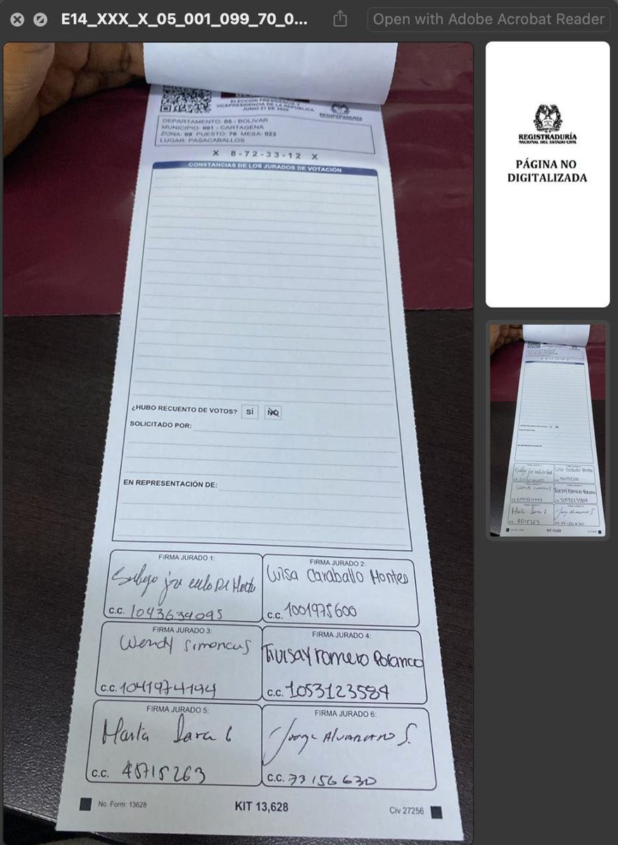 Yary1692699775's tweet photo. Otro hallazgo en Cartagena, Zona 99 puesto Pasacaballos, Mesa 23, E14 no digitalizado. 
#E14Alterado #E14SinMetadatos #E14SinÚnicoHash #TestigoDigital https://t.co/pzhlCP7sGX