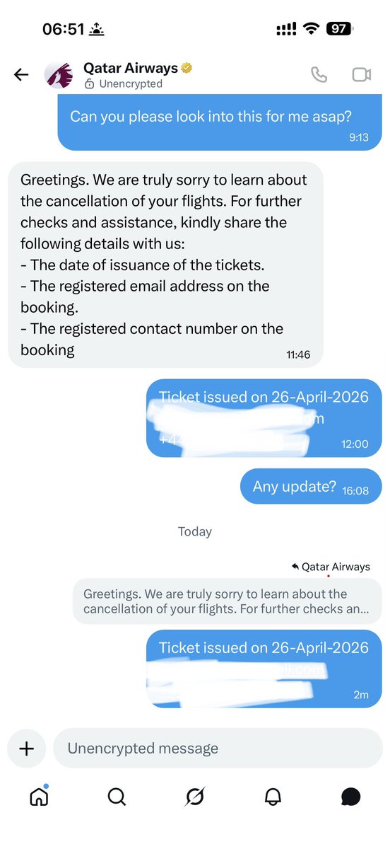 Raffywu's tweet photo. @qatarairways Sounds good but I provided all the information via DM on 19th June and just did it once again now. You never replied. https://t.co/KarLkRry0a