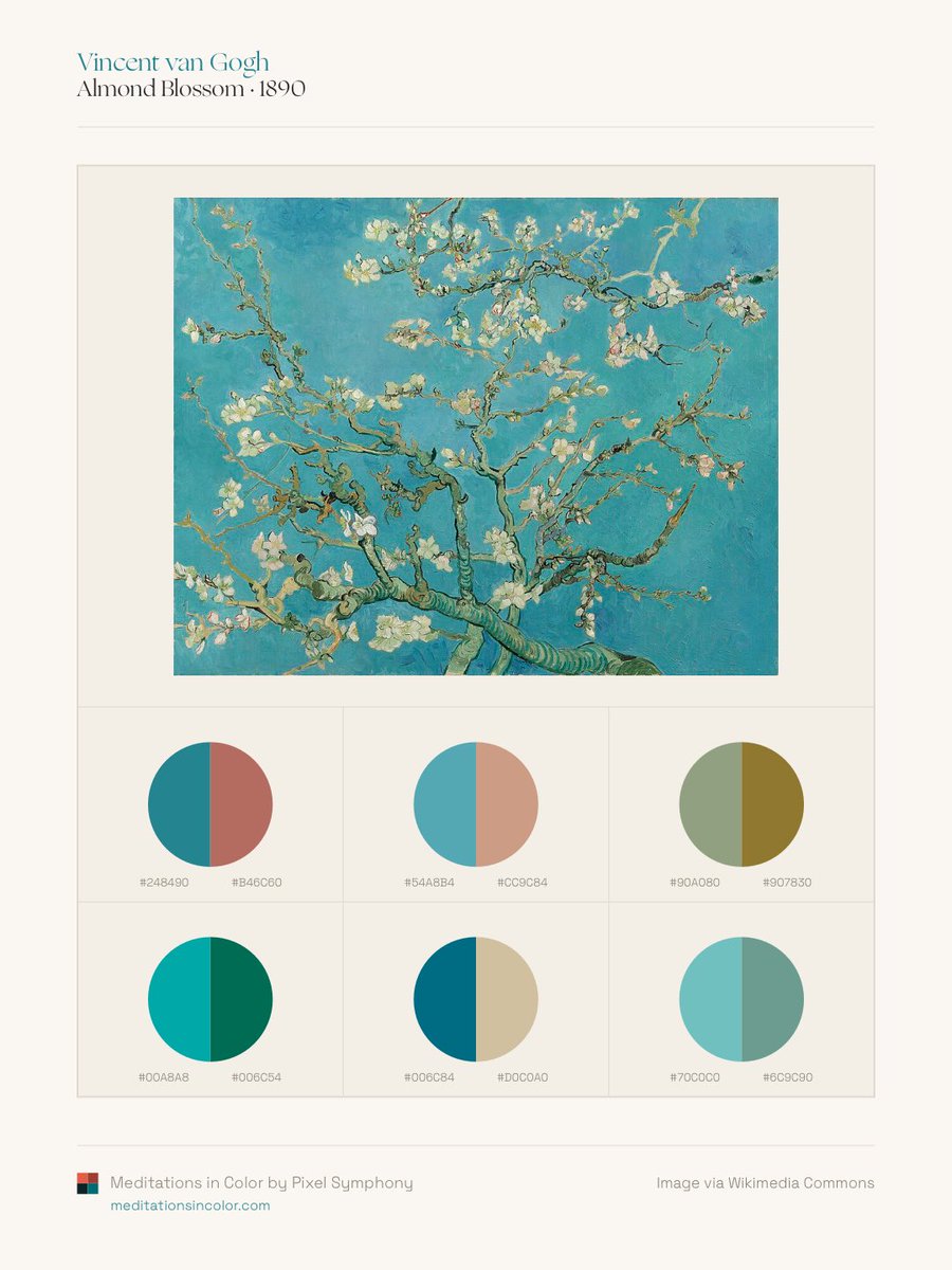 MeditateColor's tweet photo. Van Gogh’s Complements.

Van Gogh was fascinated by complementary colors and frequently wrote about them in his letters. Blue and orange, red and green, yellow and violet became some of his most powerful tools, intensifying one another when placed side by side. https://t.co/rykdNVRXt7