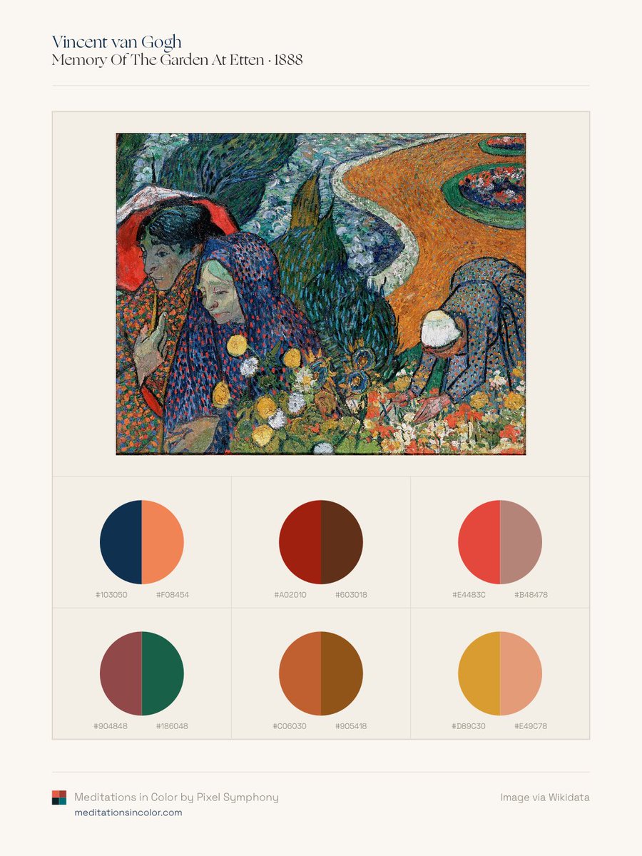 MeditateColor's tweet photo. Van Gogh’s Complements.

Van Gogh was fascinated by complementary colors and frequently wrote about them in his letters. Blue and orange, red and green, yellow and violet became some of his most powerful tools, intensifying one another when placed side by side. https://t.co/rykdNVRXt7