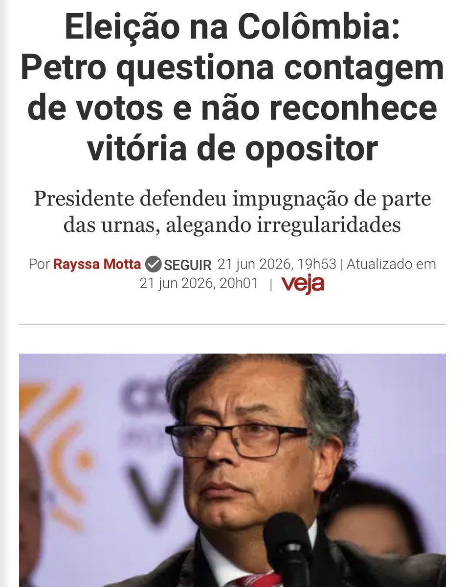 Alexmorettibr's tweet photo. Gustavo Petro perdeu a eleição na Colômbia e está atacando o estado democrático de direito ao questionar as eleições no país.

O Lula vai pedir pro seu amigo respeitar a soberania da Colômbia? https://t.co/gMwAj5Mj2b