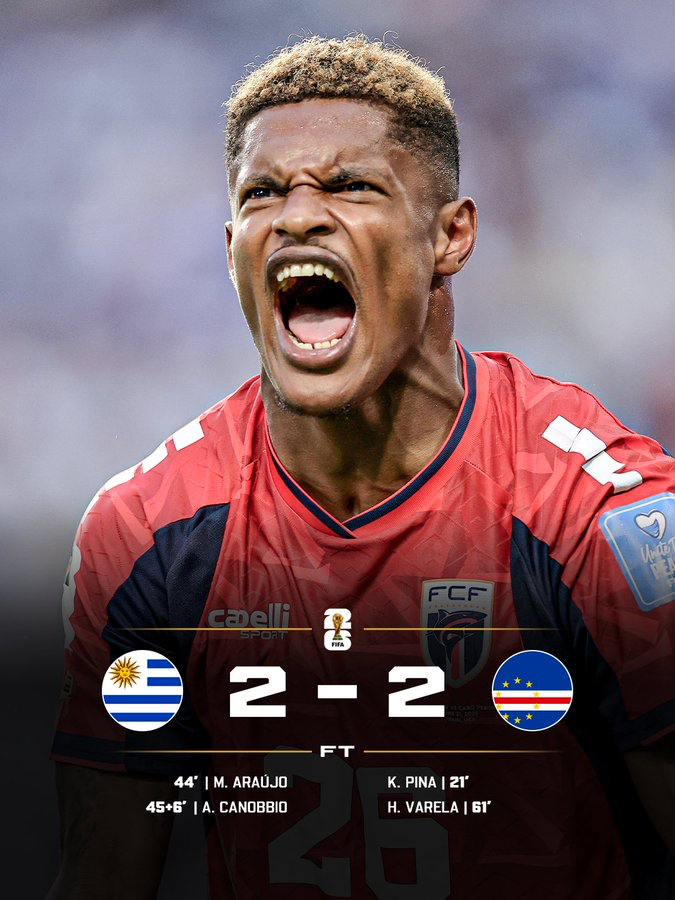 tundezy6's tweet photo. Cape Verde make Africa Proud
Yet to lose a game in the World Cup final, this team will shock the world the level of motivation, disciplines and burning desire merge with high spirit...

full-time 
Uruguay 2-2 Cabo Verde https://t.co/8QtB2J3e0n
