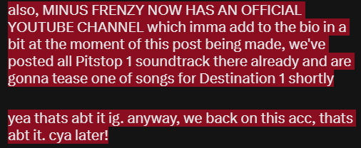 minus_frenzy's tweet photo. tl;dr - lost this acc over a year ago, but regained access shortly
pitstop 1 has been released for a while, destination 1 in development now, more news soon
minus frenzy youtube channel is real and will be added to the profile bio shortly
#fnfminus #fnf #fridaynightfunkin https://t.co/B0Mftf9GB3