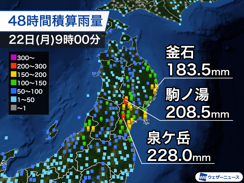 wni_jp's tweet photo. ＜東北は200mm超の大雨＞
動きの遅い低気圧の影響で東北は今日22日(月)も広い範囲で雨が降っています。
総雨量が200mmを超えている所があり、今日いっぱいは雨が続くことから災害の発生に警戒が必要です。
https://t.co/9qT6OXcpb5 https://t.co/8GYX3KLHAe