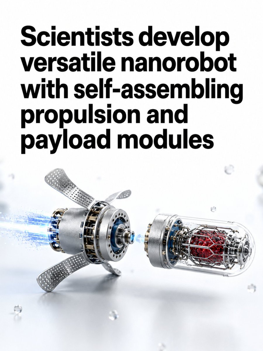 Dr_Singularity's tweet photo. "A team at the University of Basel has developed a versatile nanorobot with propulsion and payload modules."

The two reusable modules  autonomously self assemble and could be used in medicine or industry.

University of Basel researchers developed a modular nanorobot 150 times smaller than a human hair. Guided magnetically, it uses DNA "Velcro" to attach a reusable propulsion unit to a refillable payload capsule. 

In lab tests, it produced an anticancer drug directly on cancer cells, reducing their viability to 16% within 72 hours