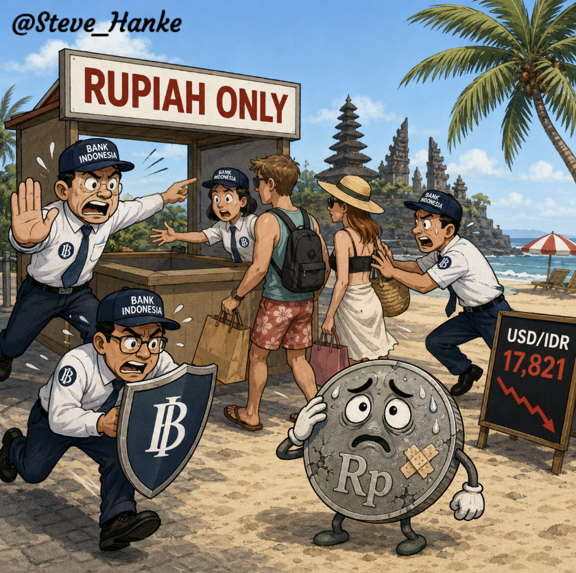 steve_hanke's tweet photo. Bank Indonesia has announced that all tourist transactions must be settled in rupiah.

With this, BI has reaffirmed that the RUPIAH IS IN TROUBLE. https://t.co/MAn6HKGTmf