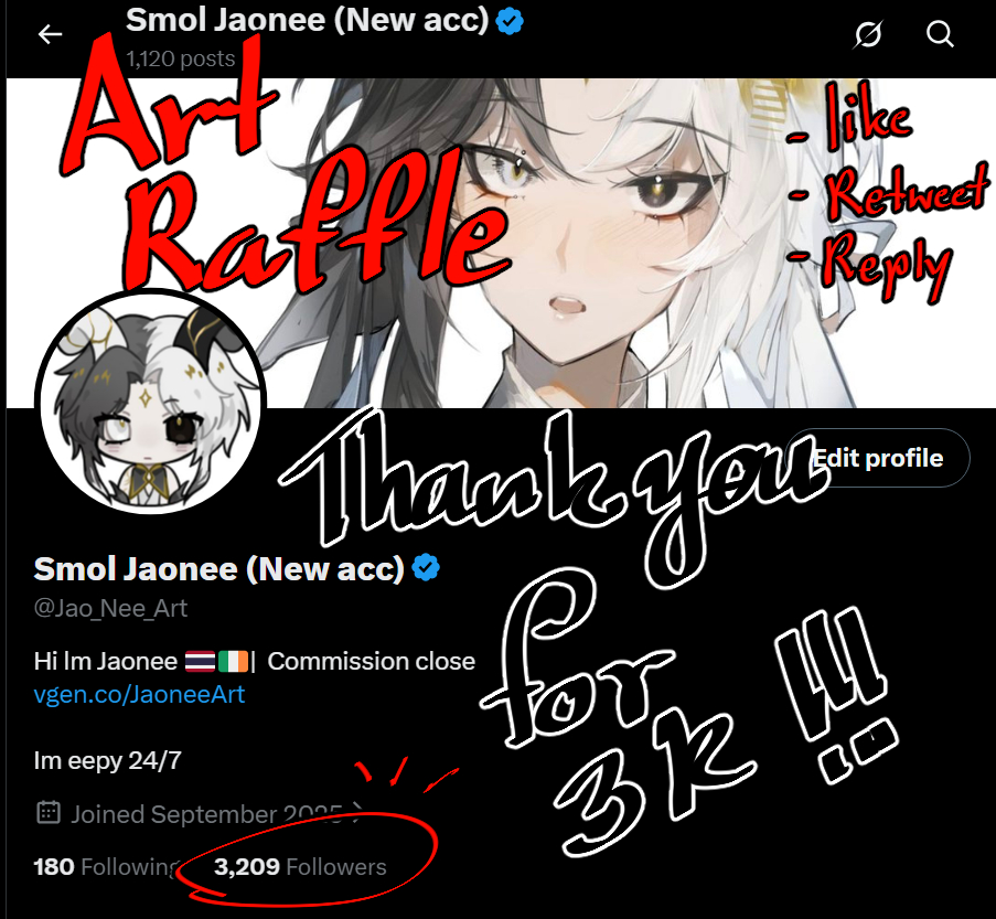 Jao_Nee_Art's tweet photo. [ART RAFFLE !!] for 3K!!

Rule!  
📷Follow my account   
📷Retweet this post  
📷reply with character you want me to draw! (OC, game, adopt, etc are all welcome!

only 1 winners!! 
You will get a random [full color/ Halfbody-Fullbody ]    
the raffle will end on Sun 28/06 at 23.59    
thank you so much again for supporting me!