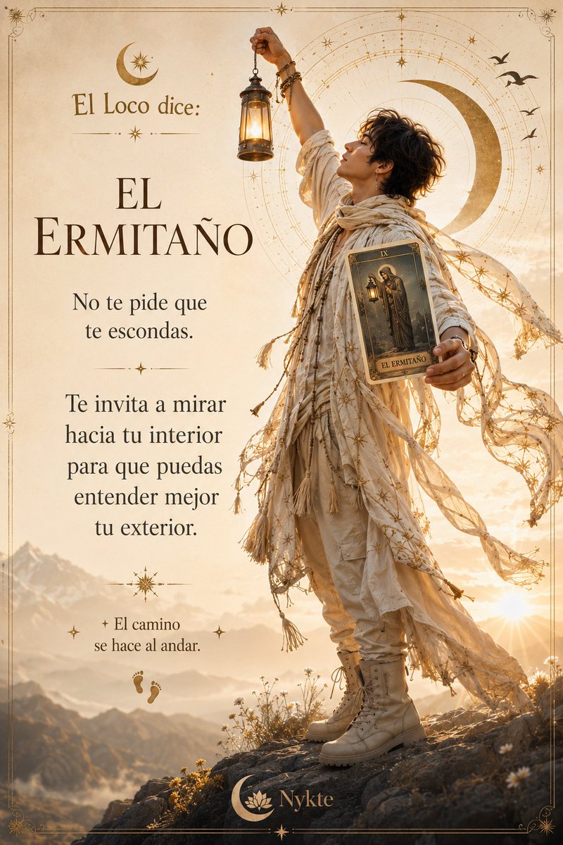 Nykte's tweet photo. 🎒 El Loco dice:

El Ermitaño

No te pide que te escondas.

Te invita a mirar hacia tu interior para que puedas entender mejor tu exterior.

✨ El camino se hace al andar.

#ElLoco #Tarot #NikyVerso #Protocolo7 #YoSoyNykte https://t.co/MFQtUmaLyz