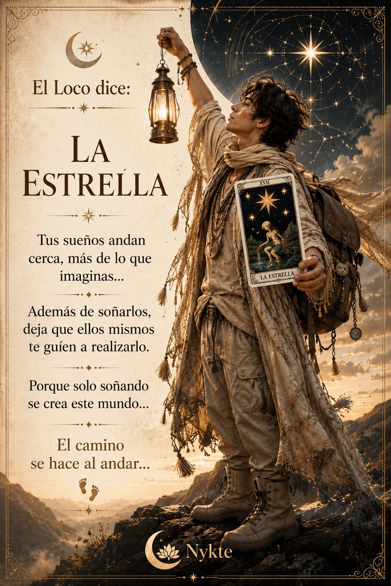 Nykte's tweet photo. 🎒 El Loco dice:La EstrellaTus sueños andan más cerca de lo que imaginas.

Además de soñarlos, permite que ellos mismos te guíen.Porque solo soñando se crea este mundo.

✨ El camino se hace al andar.

#ElLoco #LaEstrella #NikyVerso #Protocolo7 #YoSoyNykte ✨🌟🎒 https://t.co/OSrlZYkFga