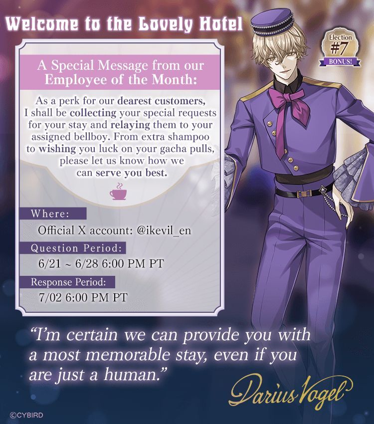 ikevil_en's tweet photo. 🏩Welcome to the Lovely Hotel🏩

Darius's Lucky #7 Election Promise is here! ✨ 

Use the hashtag #StaywithVillains to send your Lovely Hotel stay requests to your favorite bellboy &amp; Darius just 𝒎𝒊𝒈𝒉𝒕 pass on your messages to your Villain~👼

#ikevil https://t.co/vz4OFGL6wf