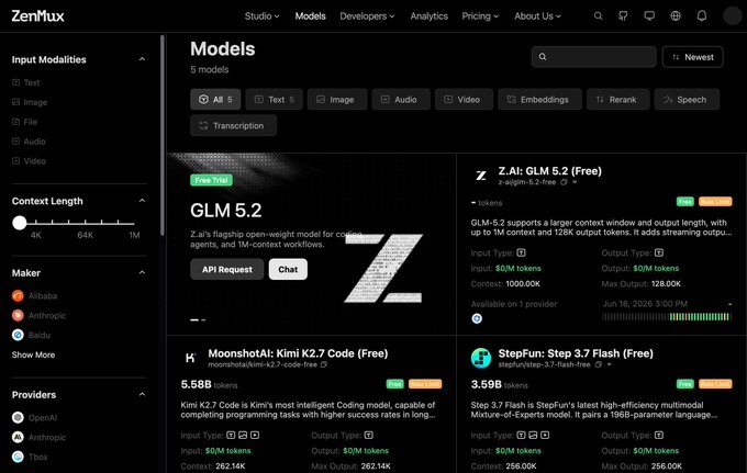 iluciddreaming's tweet photo. GLM 5.2、Kimi K2.7 Code、Step 3.7 Flash 在 ZenMux API 全部免费。

无需信用卡，无需等待名单。

支持 OpenCode、OpenClaw、Cursor、Zed、Hermes，以及任何 OpenAI 兼容客户端。 https://t.co/zBA71tftna