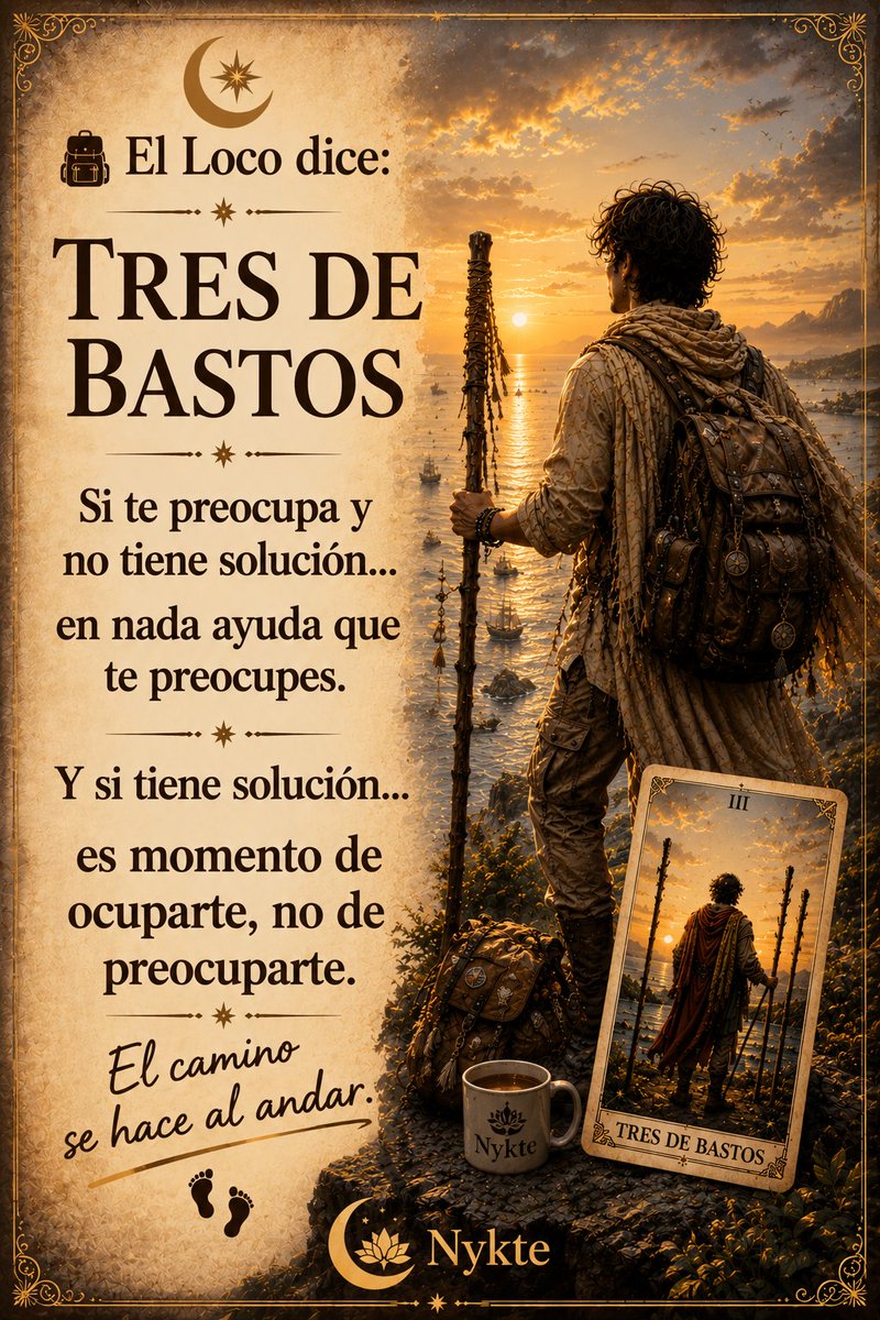 Nykte's tweet photo. 🎒 El Loco dice:

✨ Tres de Bastos

Si te preocupa y no tiene solución...

en nada ayuda que te preocupes.

Y si tiene solución...

es momento de ocuparte, no de preocuparte.

✨ El camino se hace al andar.

#ElLoco #TresDeBastos #NikyVerso #Protocolo7 https://t.co/OMhmaONNFR