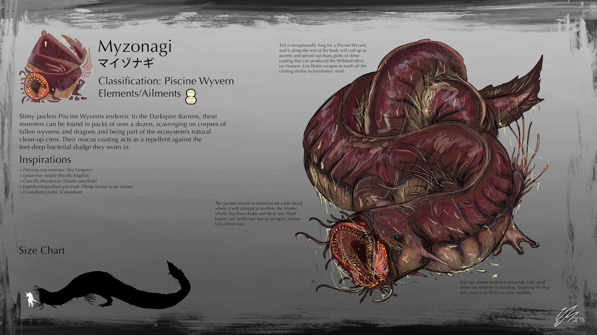 CJSeaArt's tweet photo. Just because I’m a marine biologist and a science illustrator doesn’t mean I can’t have fun taking my knowledge of animals and make them into fictional creatures. 

Like this ugly beauty, a fanmade Monster Hunter concept of a hagfish monster!

#MHWilds #MHWildsAscendance https://t.co/dflyhgmym3