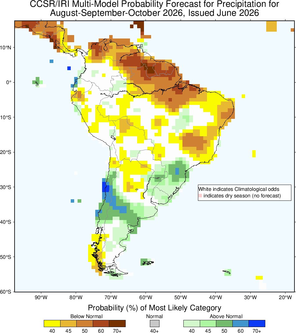 Mario___Ramirez's tweet photo. 21/06/26  IRI probabilistic seasonal climate forecast
#Precipitation  /  South America

Fig.1  Jul - Ago - Set 2026
Fig.2  Ago - Set - Oct 2026
Fig.3  Set - Oct - Nov 2026
Fig.4  Oct - Nov - Dic 2026

https://t.co/XTxBFwkcT7 https://t.co/LxW4ZG7cV3