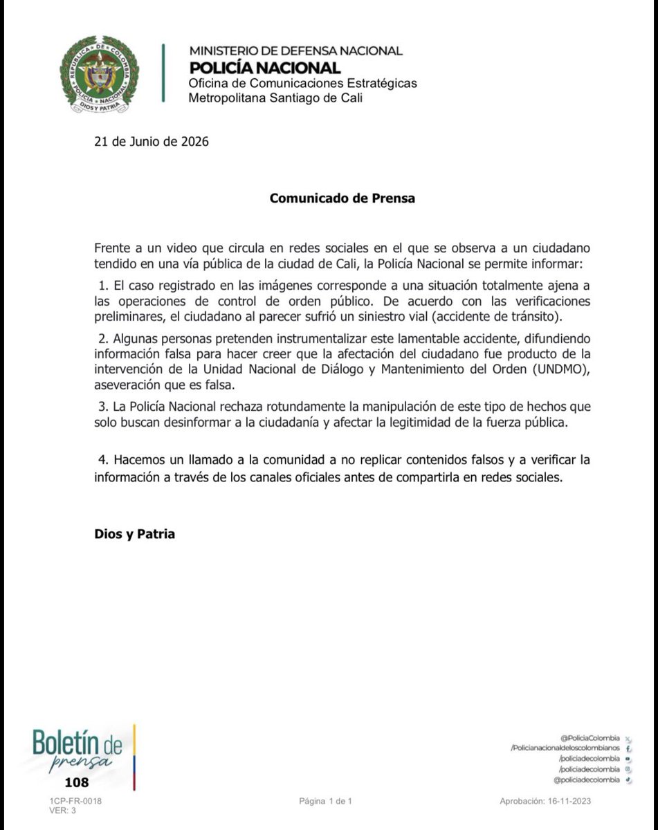 PoliciaCali's tweet photo. 📢 Comunicado oficial de prensa por parte de la Policía Nacional en #Cali. https://t.co/WGR4QZlzEq