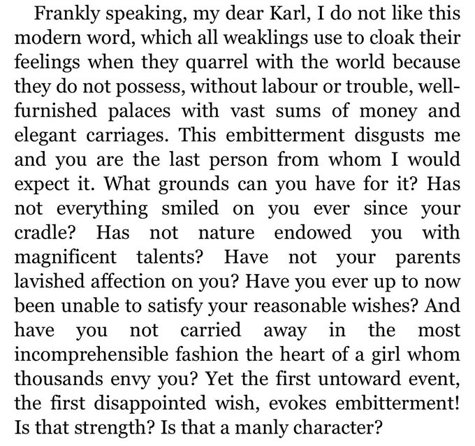 SonnyBobiche's tweet photo. @JustineBateman Here's an excerpt from a letter that Karl Marx's father wrote to his son. Sounds a lot like Karl was like the young spoiled people of today.  So much so that the word that Heinrich Marx is saying that he doesn't like is, "embitterment". https://t.co/9C8GIQmil7
