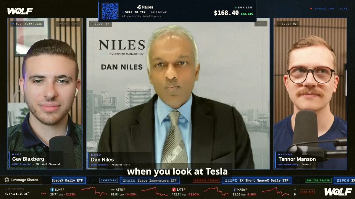 ynazz__'s tweet photo. SpaceX heading to IPO? Veteran investor Dan Niles is warning everyone off — even though he calls himself a big Elon fan.

His take: SpaceX is valued at 90-110x revenue. Tesla? Just 16x. Same founder, way different price tag.

He says the first 15 days look okay because Nasd https://t.co/TZ17lKtaGQ