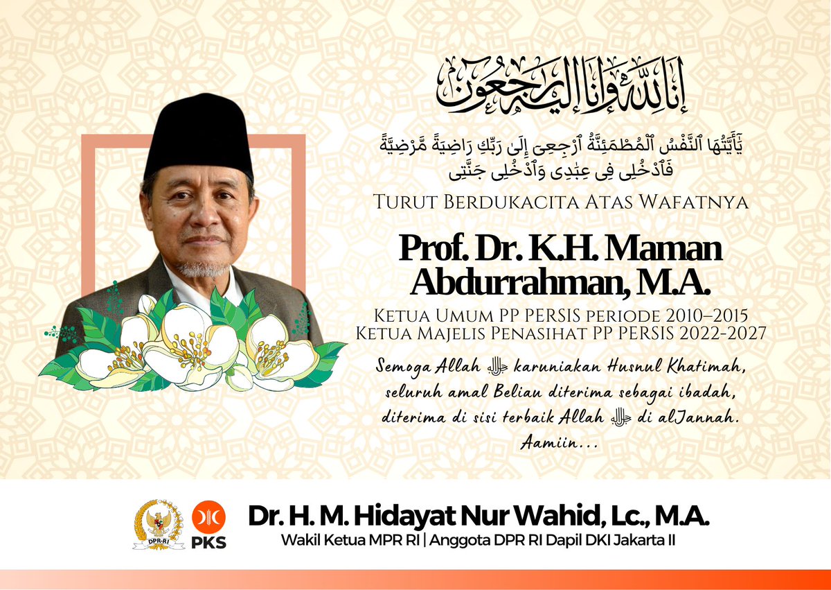 hnurwahid's tweet photo. إنا لله وإنا إليه راجعون
Turut berdukacita atas wafatnya Prof. Dr. K.H. Maman Abdurrahman, M.A., Ketua Umum PP PERSIS periode 2010–2015 dan Ketua Majelis Penasihat PP PERSIS 2022-2027. 
Semoga Allah ﷻ karuniakan Husnul Khatimah, seluruh amal Beliau diterima sebagai ibadah, diterima di sisi terbaik Allah ﷻ di alJannah. Aamiin...