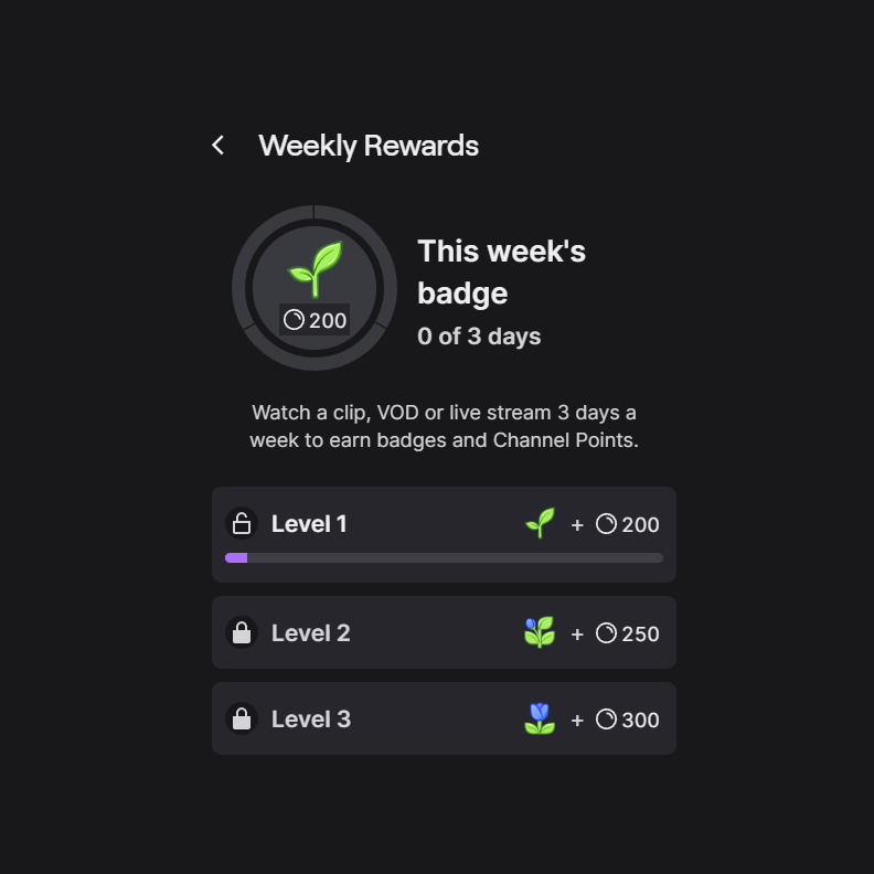 zachbussey's tweet photo. Twitch has added a new round of Weekly Rewards. 

The Sprout Badge upgrades on a per-channel basis when you watch a channel 3 times per week. It also awards Channel Points.

This round ends on July 26. https://t.co/yiaRBcYHWz