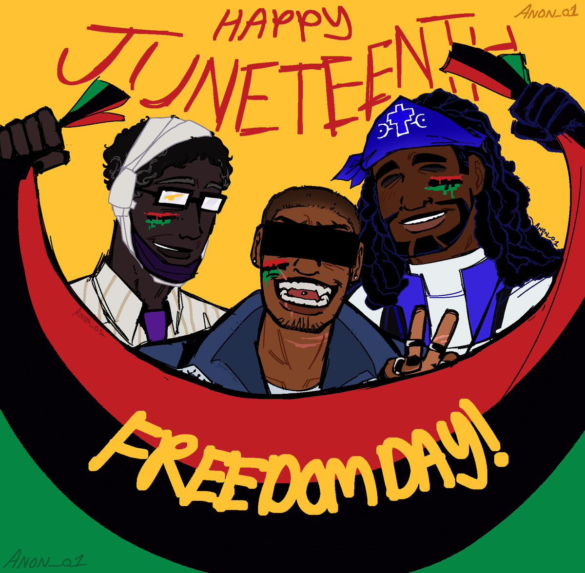 anonphighting's tweet photo. Happy (a bit late) Juneteenth!!
-from left to right is Arlyn, Expendable, and John Grace
#endlesstormenttrio https://t.co/GpYk1assp1