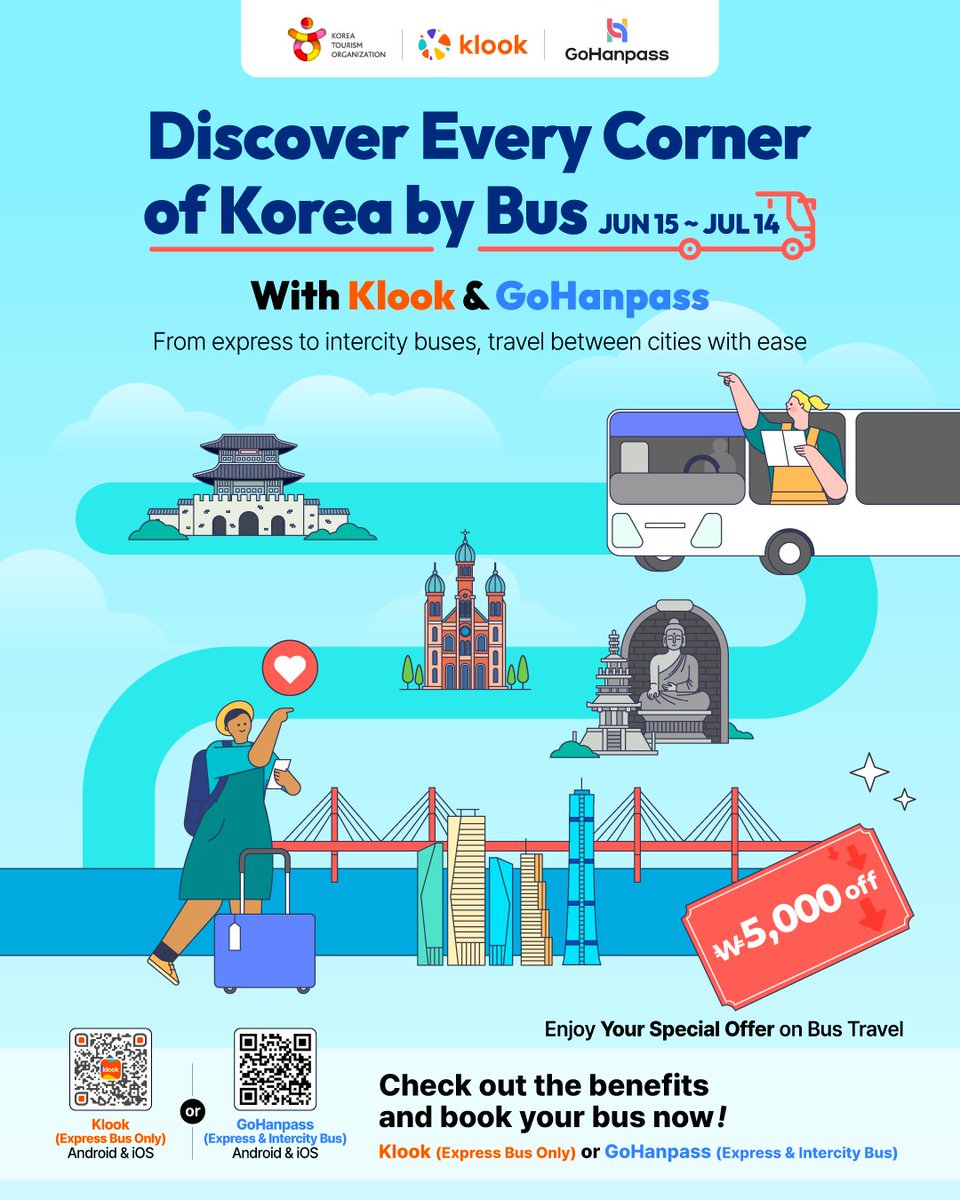 KoreanTravel's tweet photo. Travel Across Korea More Affordably by Bus! Express & Intercity Bus Discount Promotion Now Open🚌

For international visitors planning a trip to rural Korea, the Korea Tourism Organization has partnered with Klook and GO Hanpass to offer special transportation benefits.

No more worrying about complicated bus bookings! Check your routes in real time on platforms that fully support multiple languages and foreign credit cards, and enjoy a more convenient and economical journey across Korea with our special discount offer.

o Promotion Period: Jun 15 ~ July 14
o Promotion Details: 5,000 KRW discount on Express Bus and Intercity Bus ticket bookings

Inquiries: support@klook.com (Klook) / contact@hanpass.com (GO Hanpass)

Go to Klook (https://t.co/0Ad9GlgKGV)
Go to GO Hanpass (https://t.co/J84Ddx6YBb)

Reduce your transportation expenses and enhance your travel convenience! Enjoy a more perfect journey across Korea with this promotion.