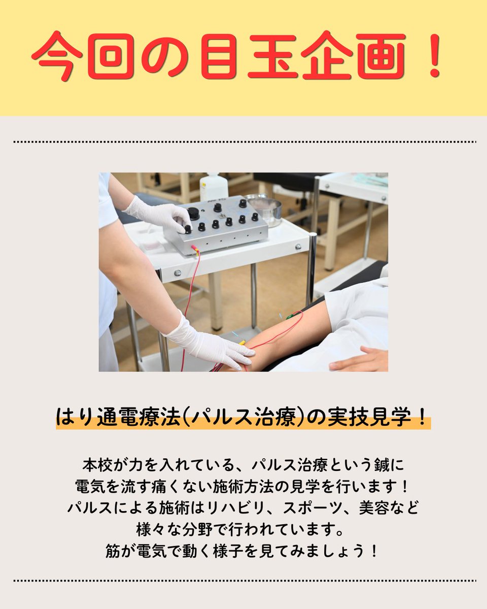 hari___mogura's tweet photo. 📌7/12(日)13:00～　第2回学校説明会を開催します。

今回は【はり通電療法(パルス治療)の実技見学】を行います😊
筋が電気で動く様子を見てみましょう。

他にもはり・きゅう・あん摩の実技体験、在校生トーク、学校概要説明、個別相談、施設見学も！

総合型(AO)選抜エントリーシートももらえます！ https://t.co/GuB1DzqUBq