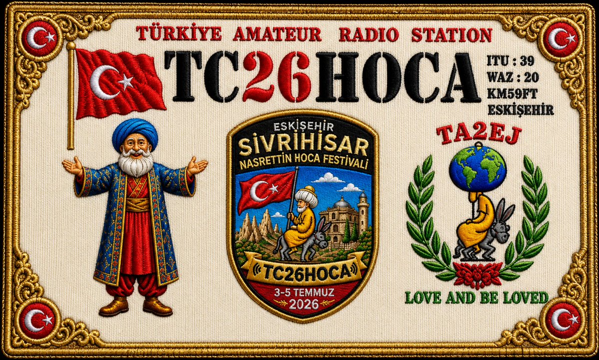 ridvanakin122's tweet photo. Dear Om's, 
I will be on the air with the callsign TC26HOCA as digi (FT8 and FT4) at HF bands during the Nasreddin Hoca festival, which will be celebrated in Sivrihisar district of Eskişehir province on July 3-4-5, 2026. 
I look forward to your QSO support. TA2EJ,,,,,73
TC26HOCA https://t.co/SIrRMmzalk