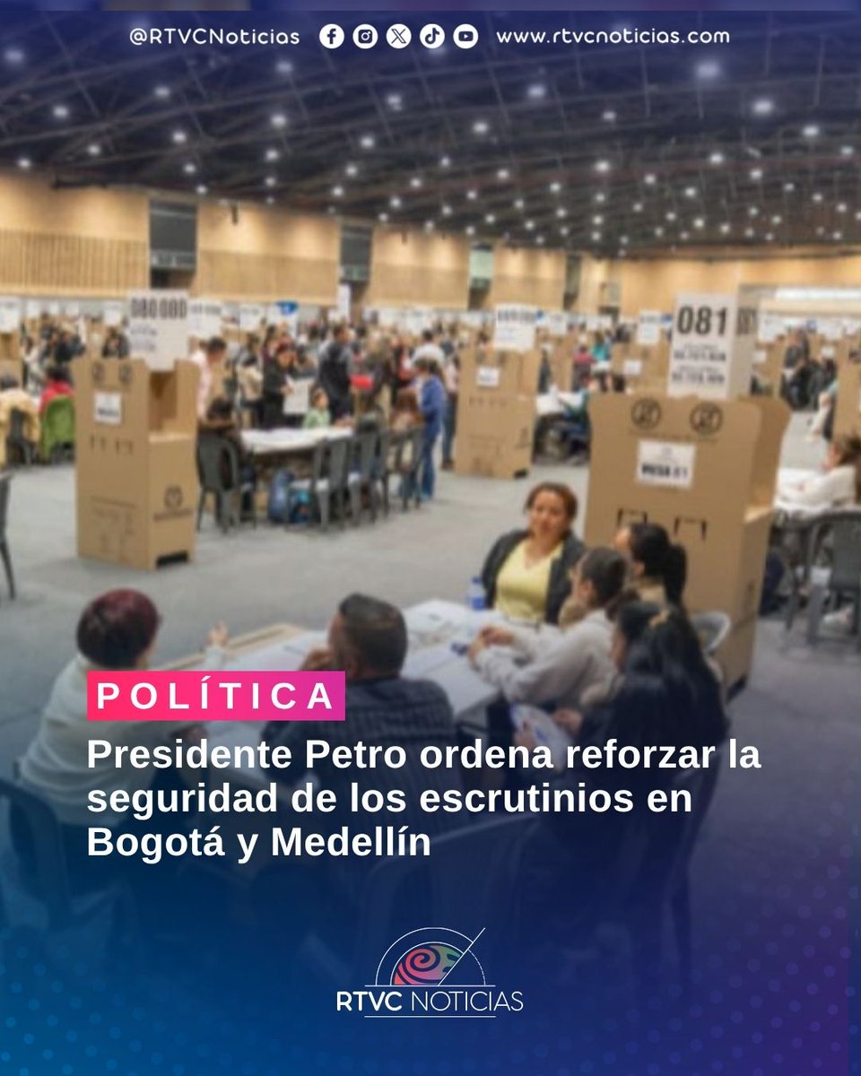 RTVCnoticias's tweet photo. El presidente ordenó al director general de la Policía, William Rincón, asumir de manera directa la conducción de la seguridad en Corferias, en Bogotá, y Plaza Mayor, en Medellín. 👮‍♂️🗳️

Según indicó, la medida busca garantizar la protección del voto y brindar acompañamiento a los escrutadores durante el desarrollo del proceso electoral.