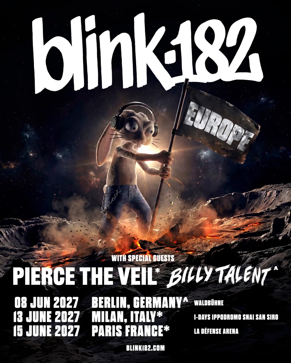 blink182's tweet photo. 3 NEW EU SHOWS. JUNE 2027. 
With @BillyTalentBand and @piercetheveil. 
Pre-sale starts June 23 at 10am local time. 
General on-sale Friday June 26 at 10am local time. 
Signup for pre-sale now: https://t.co/rJ4poijnmZ https://t.co/UgGMeKrF7v