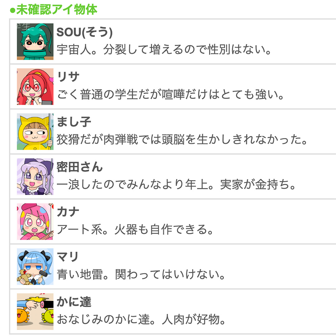 Halle_Uchida's tweet photo. キャラの名前がわからない！という方はキャラ紹介ページ( https://t.co/grPElVn6bu )をご覧ください。「アイ物体」のキャラの名前は全員「一酸化鉛」から取っています。 https://t.co/Tjm51FZruG