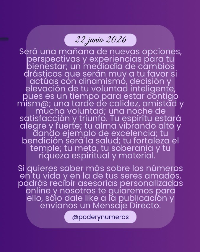 poderynumeros's tweet photo. 22 de junio de 2026. Esquema numérico profundo de hoy. Guía para fluir con el universo. #fypシ゚ #conexión #alma #universo #reflexión #motivación #espiritualidad  #pitagoras #hoy #empoderamiento #energia #serfeliz #autoconocimiento #views #viral #consultasonline #22junio2026 https://t.co/P9Q1P0b9t5