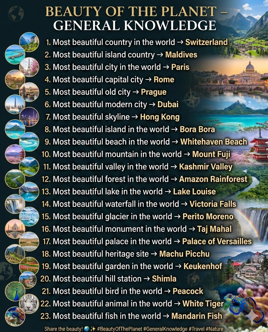 Globalstats_77's tweet photo. BEAUTY OF THE PLANET 🌍 — 

❶ 🇨🇭 Most Beautiful Country in the World → Switzerland
❷ 🏝️ Most Beautiful Island Country → Maldives
❸ 🗼 Most Beautiful City in the World → Paris
❹ 🏛️ Most Beautiful Capital City → Rome
❺ 🏰 Most Beautiful Old City → Prague
❻ 🌆 Most Beautiful Modern City → Dubai
❼ 🌃 Most Beautiful Skyline → Hong Kong
❽ 🏖️ Most Beautiful Island in the World → Bora Bora
❾ 🌊 Most Beautiful Beach in the World → Whitehaven Beach
❿ 🗻 Most Beautiful Mountain in the World → Mount Fuji
⓫ 🌄 Most Beautiful Valley in the World → Kashmir Valley
⓬ 🌳 Most Beautiful Forest in the World → Amazon Rainforest
⓭ 💎 Most Beautiful Lake in the World → Lake Louise
⓮ 🌈 Most Beautiful Waterfall in the World → Victoria Falls
⓯ ❄️ Most Beautiful Glacier in the World → Perito Moreno Glacier
⓰ 🕌 Most Beautiful Monument in the World → Taj Mahal
⓱ 👑 Most Beautiful Palace in the World → Palace of Versailles
⓲ 🏞️ Most Beautiful Heritage Site → Machu Picchu
⓳ 🌷 Most Beautiful Garden in the World → Keukenhof Gardens
⓴ ⛰️ Most Beautiful Hill Station → Shimla
㉑ 🦚 Most Beautiful Bird in the World → Peacock
㉒ 🐅 Most Beautiful Animal in the World → White Tiger
㉓ 🐠 Most Beautiful Fish in the World → Mandarin Fish