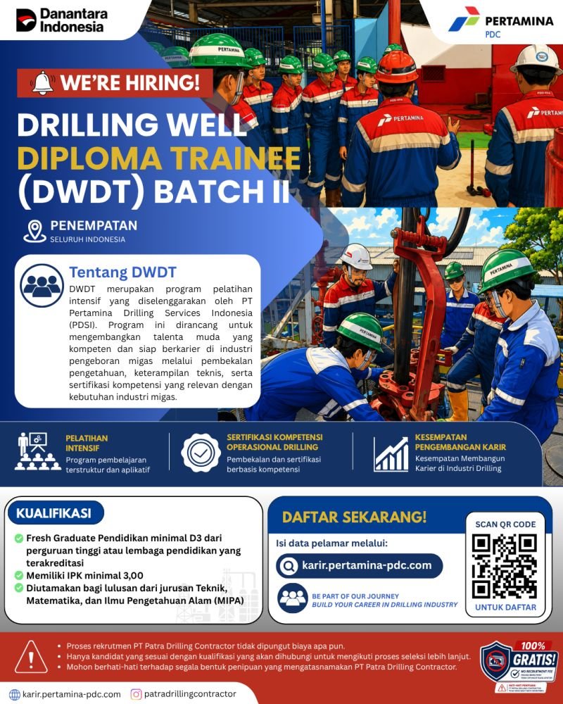 lokerbos's tweet photo. PT Pertamina Drilling Services Indonesia (PDSI)
Drilling Well Diploma Trainee (DWDT) Batch II
Program ini dirancang untuk mengembangkan talenta muda yang kompeten dan siap berkarier di industri pengeboran migas.
๐ท Linkedin
#loker #hiring #pertamina #lowongankerja https://t.co/mIcQAYgaiC
