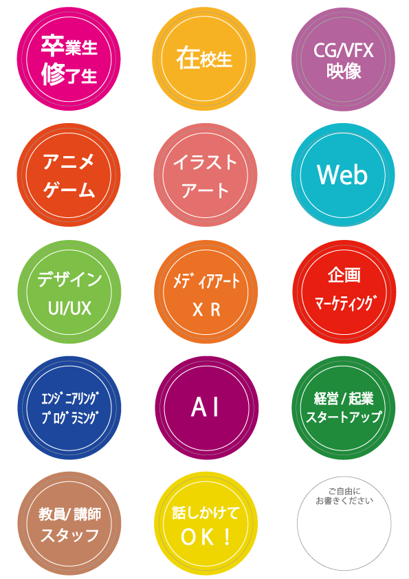 DHW_DHAA's tweet photo. ホームカミングデー2026 開催まであと5日📅
初対面でも話しやすい仕掛けあり！

属性シールが目印✨
卒業生／在校生・CG・Web・AI・起業など、自分に合うシールを選んで貼るスタイル。

「話しかけてOK！」シールの人にはどんな話題でも気軽に！
▼申込：https://t.co/ubEAA8jW6r
#DHAA2026 https://t.co/ClIQZiJJSo