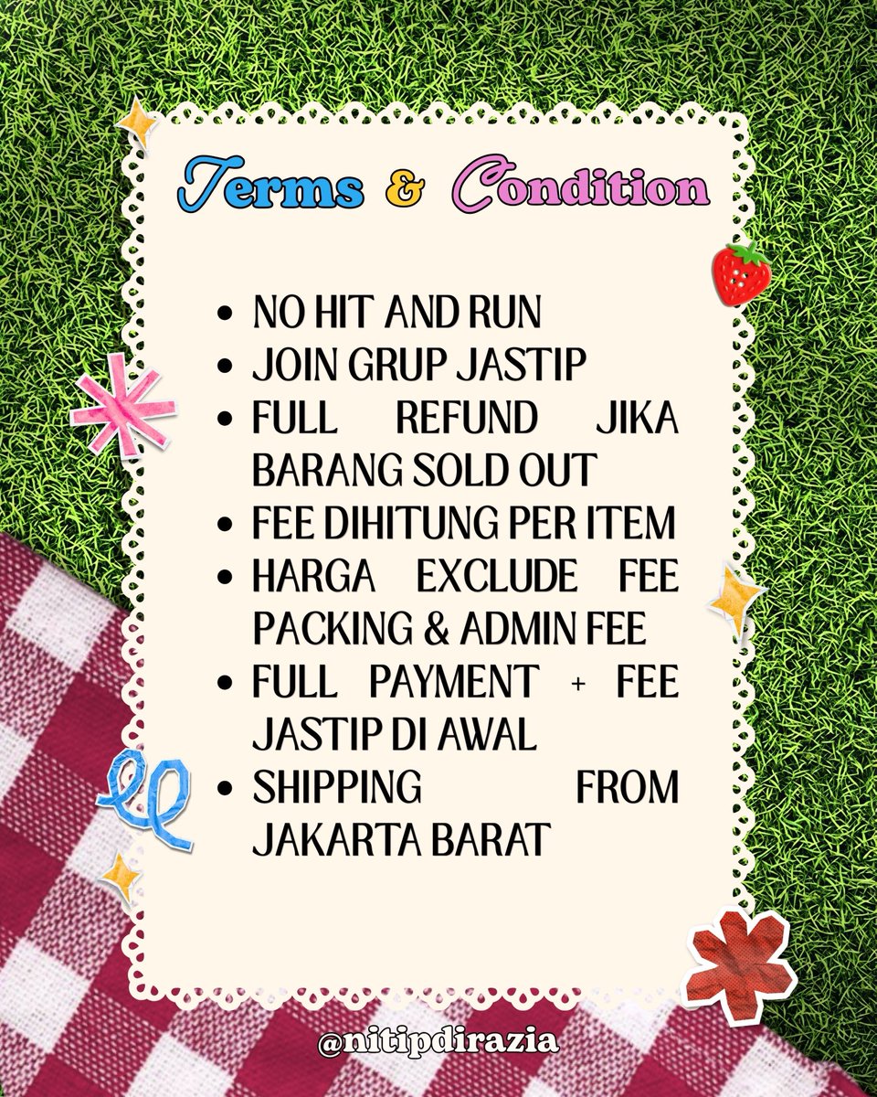 nitipdirazia's tweet photo. upcoming #AwasKenaRazia goes to Semasa Piknik 2026 👀✨

Hi Teman Razia! kami open jastip event SEMASA PIKNIK 2026! 🍋

🗓️ 27-28 Juni 2026
🛒 CO via Shopee
📍 Jakarta Barat

🛍️ yg mau jastip bisa langsung join ke GO kami via link di bio ya!

#jastip #semasa #piknik #artmarket https://t.co/Ka4shA3dwU