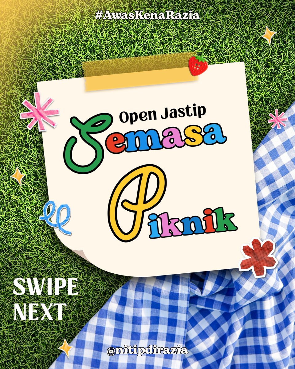 nitipdirazia's tweet photo. upcoming #AwasKenaRazia goes to Semasa Piknik 2026 👀✨

Hi Teman Razia! kami open jastip event SEMASA PIKNIK 2026! 🍋

🗓️ 27-28 Juni 2026
🛒 CO via Shopee
📍 Jakarta Barat

🛍️ yg mau jastip bisa langsung join ke GO kami via link di bio ya!

#jastip #semasa #piknik #artmarket https://t.co/Ka4shA3dwU