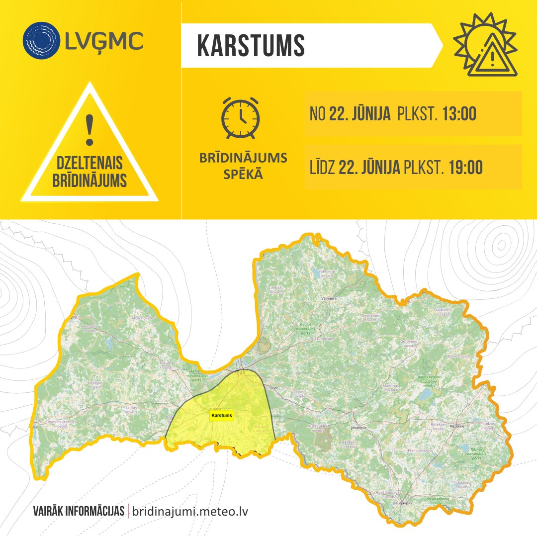 LVGMC_Meteo's tweet photo. 🟡🌡️Šodien pēcpusdienā vietām Latvijas centrālajos rajonos gaidāms stiprs karstums - gaisa temperatūra paaugstināsies līdz +27º. https://t.co/7d8wdsgflI