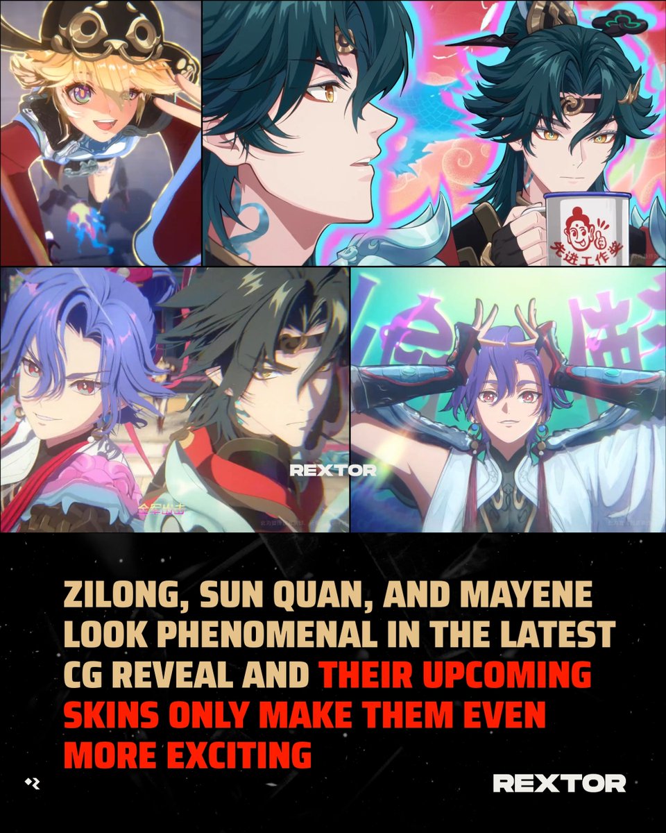 rextorext's tweet photo. Aaaa, these designs are so good! Zilong looks amazing. Could he be the highest-tier skin of the series? Sun Quan and Mayene look really cute too 👀

#HonorofKings #HoK #Rextor #HoKChina https://t.co/IKyTd4mA2F