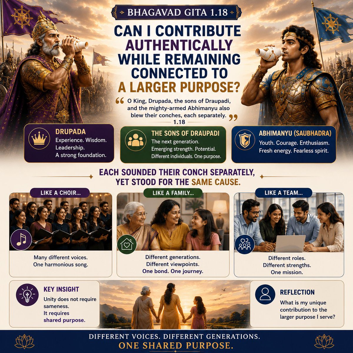 deepa_rangan's tweet photo. 📖 Bhagavad Gita 1.18

An elder king, the next generation, and a young warrior—each with a distinct voice, yet united in purpose.

 Different voices. One shared purpose.
 Can I honour differences while staying connected to a larger purpose?

#BhagavadGita #GitaWisdom #Leadership https://t.co/KSqni2kG3L