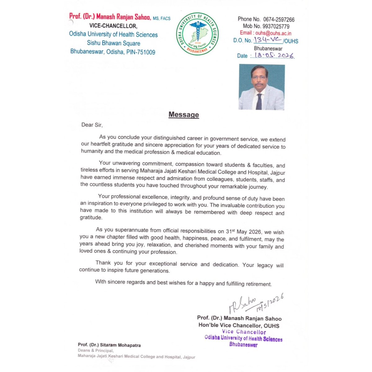 OUHS_BBSR's tweet photo. When Prof.Sitaram Mahapatra Sir &amp; Prof.Lucy Das Madam have completed and going to complete their govt service….both of them had contributed in more than one committee of OUHS.on behalf of OUHS Hon’ble Vice Chancellor wish both of them happy and healthy post superannuation…🙏🙏 https://t.co/ouOFLBZcJ6