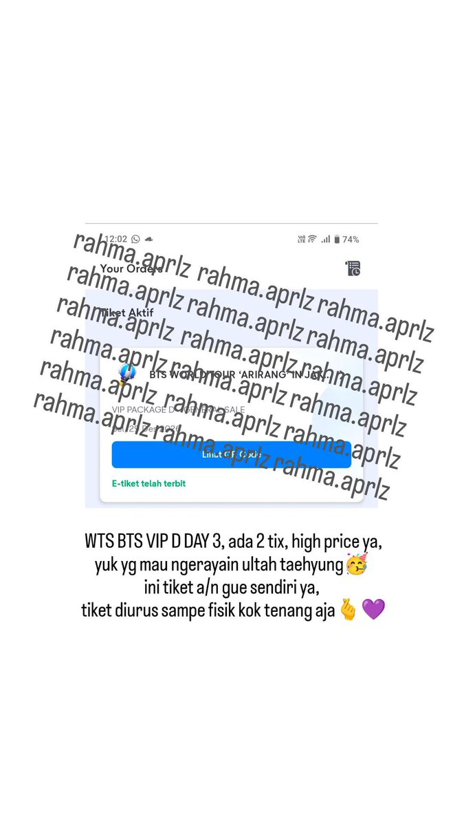 kim_aeraaa's tweet photo. WTS TIKET BTS WORLD TOUR 'ARIRANG' in JAKARTA 

DAY 3 
VIP PACKAGE D 
READY 2 TIX 
OVER PRICE, MINAT? DM

TIKET A/N AKU SENDIRI, BISA DI URUS SAMPAI FISIK
#BTS_ARİRANG #BTS #BTS_ARİRANG_JAKARTA https://t.co/iL9kKfrl45