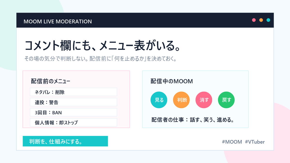 moom00101's tweet photo. コメント欄にも、メニュー表がいる。
ネタバレは削除。
連投は警告。
3回目はBAN。
個人情報は即ストップ。
その場の気分で判断すると、配信者の集中力が削られる。
MOOMなら配信前に方針を決めて、配信中はAIが見張ります。
#MOOM #VTuber https://t.co/tnXyLnpW8u