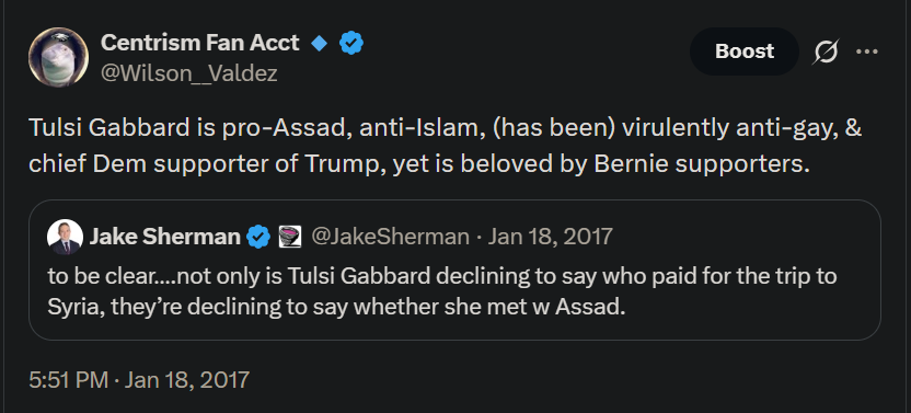 Wilson__Valdez's tweet photo. I will also take my 'correct about Tulsi Gabbard' award, thank you very much.

2017. https://t.co/YUaEZyPyTI