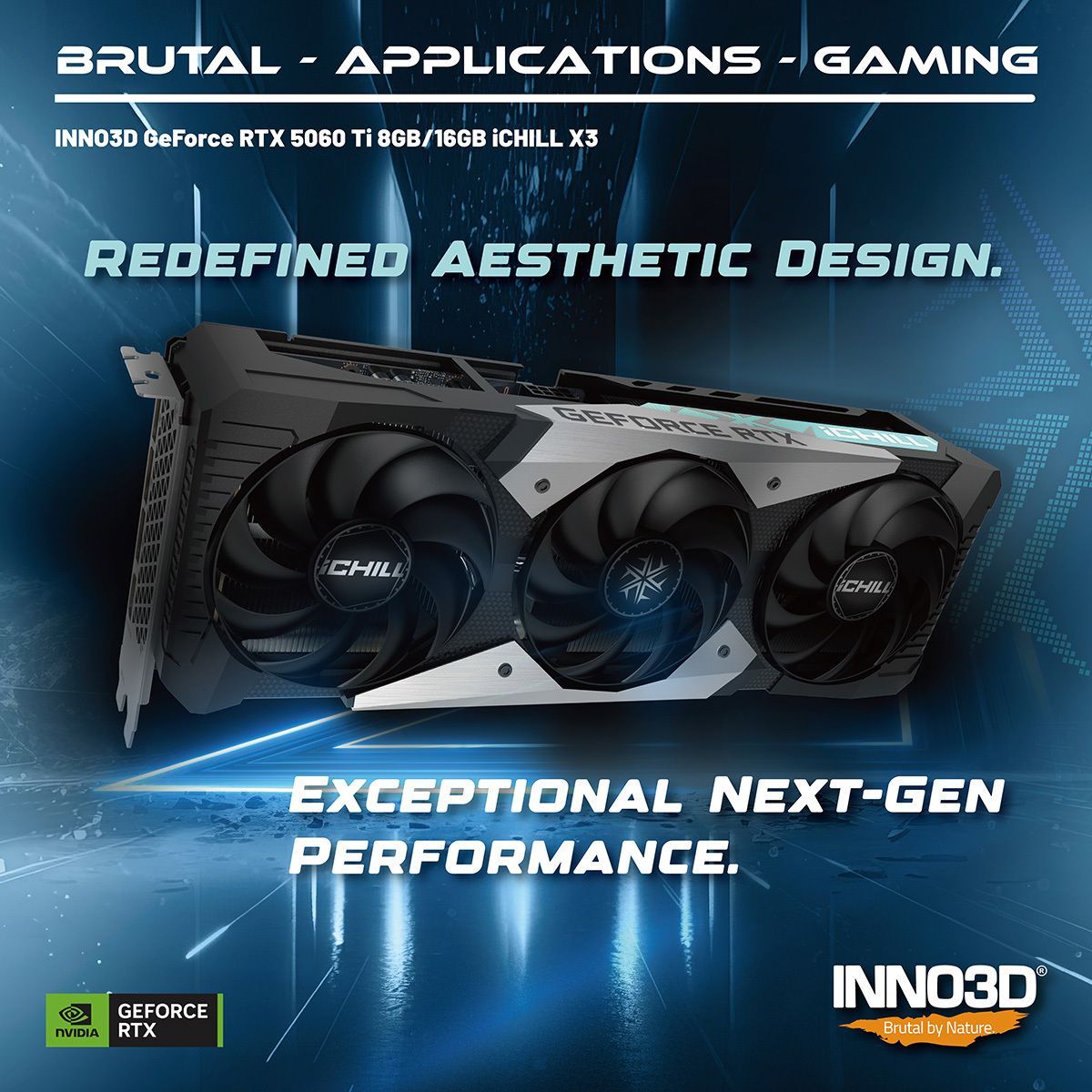 Inno3D's tweet photo. If you are an aesthetic-based gamer, you must not miss our RTX 5060 Ti iCHILL X3 that will overwhelm your eye balls! Available in 8GB or 16 GB version, this GPU provides exceptional performances on 2K gaming, and creative workloads. It is a formidable GPU engineered for gamers and creators who demand uncompromising speed and reliability. Take FPS of your PC to a whole new level for next generation upgrade.💯👌

Read more: https://t.co/JXMztkddvW

#brutalbynature #inno3d #blackwell #geforce #rtx #rtx5060ti #ichill #gpu