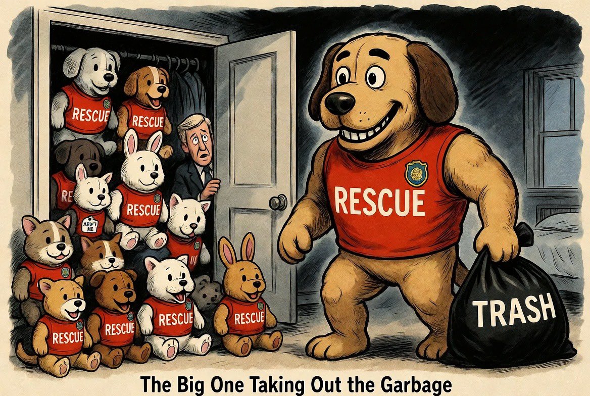 thejerkfly's tweet photo. And that’s where the stuffed pet rescue can take out the garbage too https://t.co/WbGYx5ZXzT