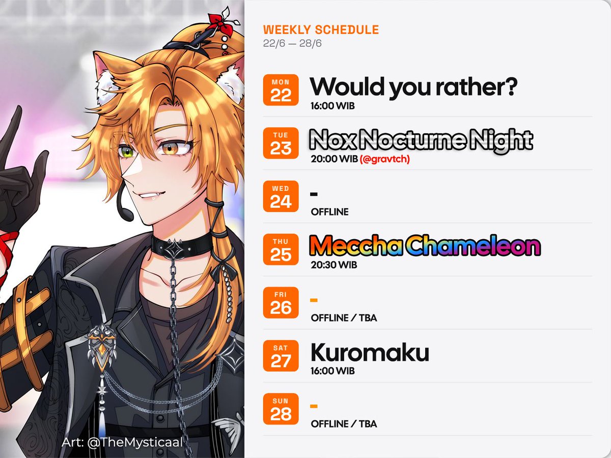 AkemiNekomachi's tweet photo. Jadwal live untuk 1 minggu ke depan!

seminggu ini banyak collab, hari sabtu game horror, rabu pasti libur, tapi jumat dan minggu masih belom tau karena rencana bakal upload video2 juga hehe https://t.co/7DOXRfoVbl