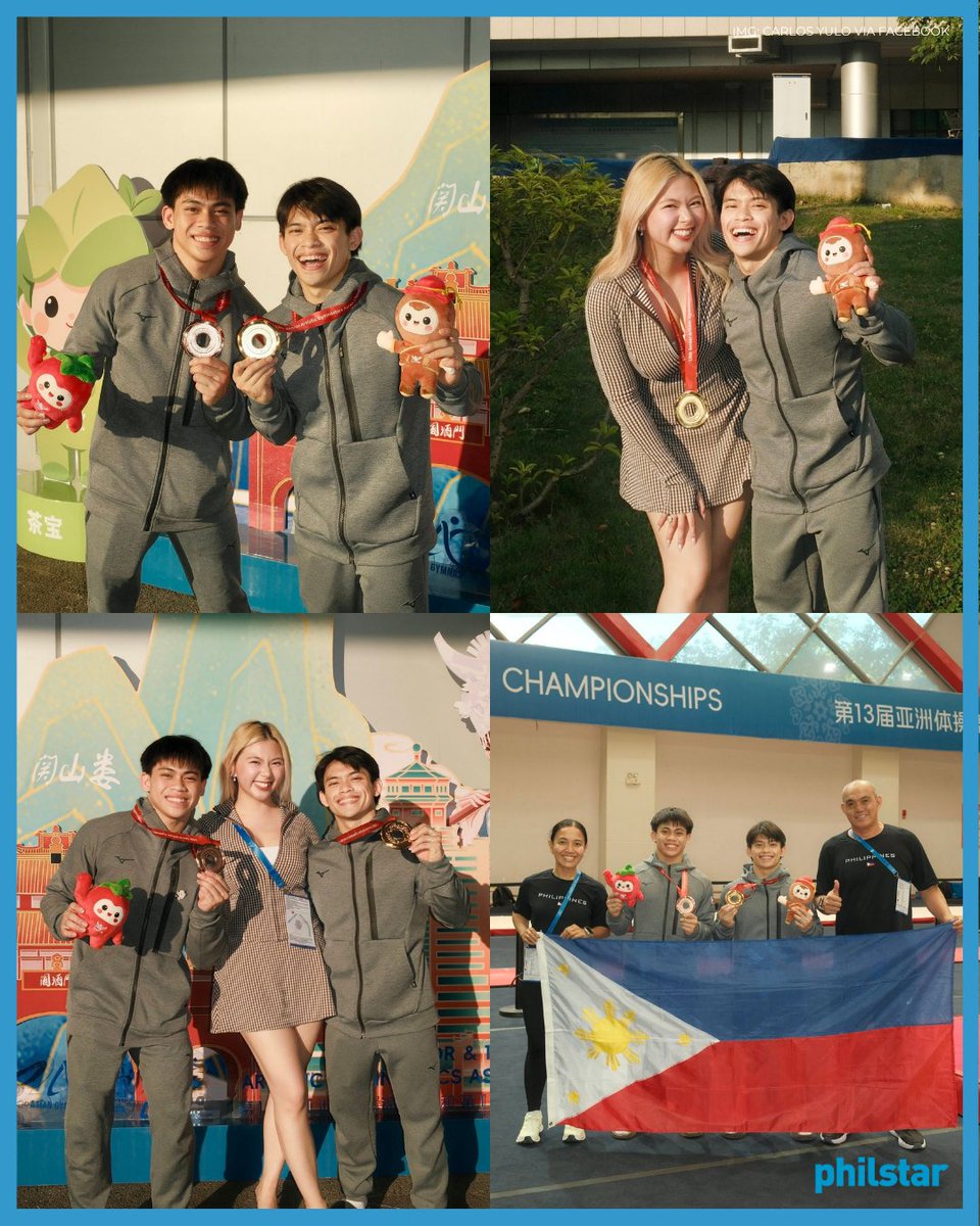 PhilstarNews's tweet photo. KUDOS TO THE YULOS! 🤸

Filipino gymnastics ace Carlos Yulo posted snaps of him, his brother Karl Eldrew, and his partner, Chloe San Jose, after the siblings recorded podium finishes at the Asian Gymnastics Championships. 

"Maraming salamat po sa lahat ng sumuporta, naniwala, at nagdasal para sa akin sa buong laban po na ito. Hindi naging madali, pero sulit ang bawat sakripisyo, pagod, at pagsubok," Carlos wrote. 

Read: https://t.co/eUdvaYAvN7