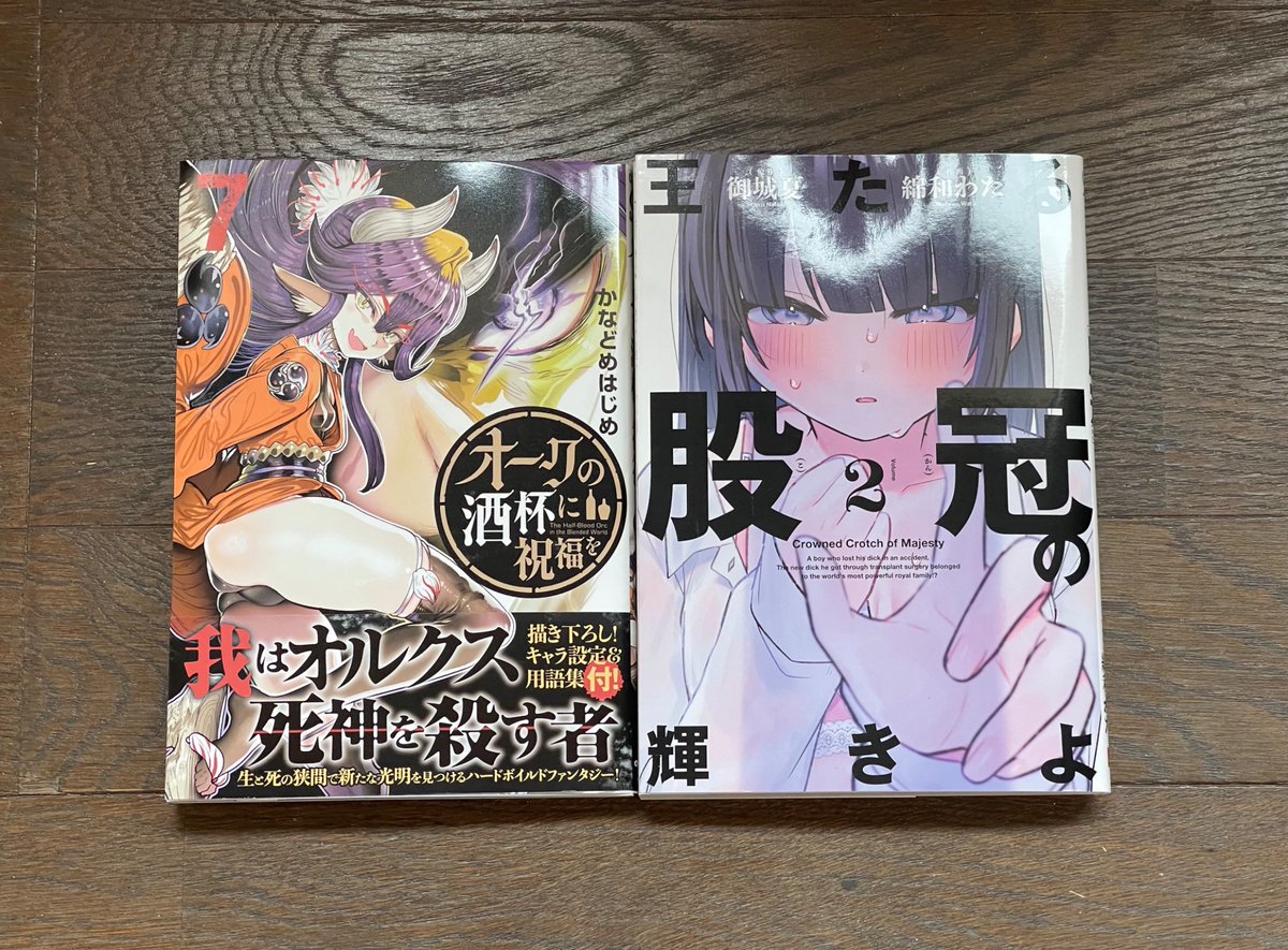 blacksmithG's tweet photo. 就寝前のお楽しみ。

・オークの酒盃に祝福を:7巻
・王たる股冠の輝きよ:2巻 https://t.co/QZhe5LwiSY